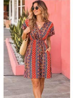 HAPTICS Sunset Orange Boho Print V Neck Short Sleeve Dress Mini Summer Festival